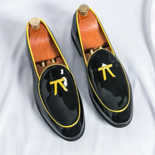 Men's Black Patent Faux Leather Loafers with Yellow Trim and Tassel Detail - Stylish Slip-On Shoes for Wedding, Formal Events and Parties