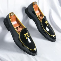 Men's Black Patent Faux Leather Loafers with Yellow Trim and Tassel Detail - Stylish Slip-On Shoes for Wedding, Formal Events and Parties