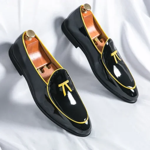 Men's Black Patent Faux Leather Loafers with Yellow Trim and Tassel Detail - Stylish Slip-On Shoes for Wedding, Formal Events and Parties