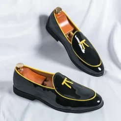 Men's Black Patent Faux Leather Loafers with Yellow Trim and Tassel Detail - Stylish Slip-On Shoes for Wedding, Formal Events and Parties