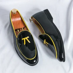 Men's Black Patent Faux Leather Loafers with Yellow Trim and Tassel Detail - Stylish Slip-On Shoes for Wedding, Formal Events and Parties