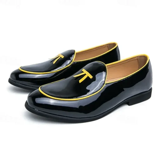 Men's Black Patent Faux Leather Loafers with Yellow Trim and Tassel Detail - Stylish Slip-On Shoes for Wedding, Formal Events and Parties