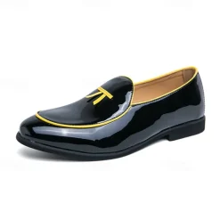 Men's Black Patent Faux Leather Loafers with Yellow Trim and Tassel Detail - Stylish Slip-On Shoes for Wedding, Formal Events and Parties