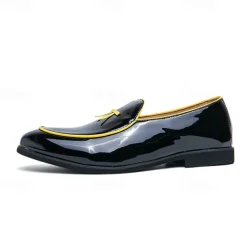 Men's Black Patent Faux Leather Loafers with Yellow Trim and Tassel Detail - Stylish Slip-On Shoes for Wedding, Formal Events and Parties