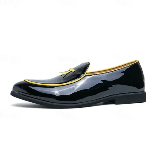 Men's Black Patent Faux Leather Loafers with Yellow Trim and Tassel Detail - Stylish Slip-On Shoes for Wedding, Formal Events and Parties