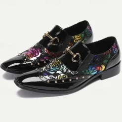 Men's Black Patent Leather Loafers with Gold Tip Floral and Metal Buckle–Premium Cowhide Formal Shoes for Weddings, Parties, and Special Occasions
