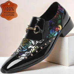 Men's Black Patent Leather Loafers with Gold Tip Floral and Metal Buckle–Premium Cowhide Formal Shoes for Weddings, Parties, and Special Occasions