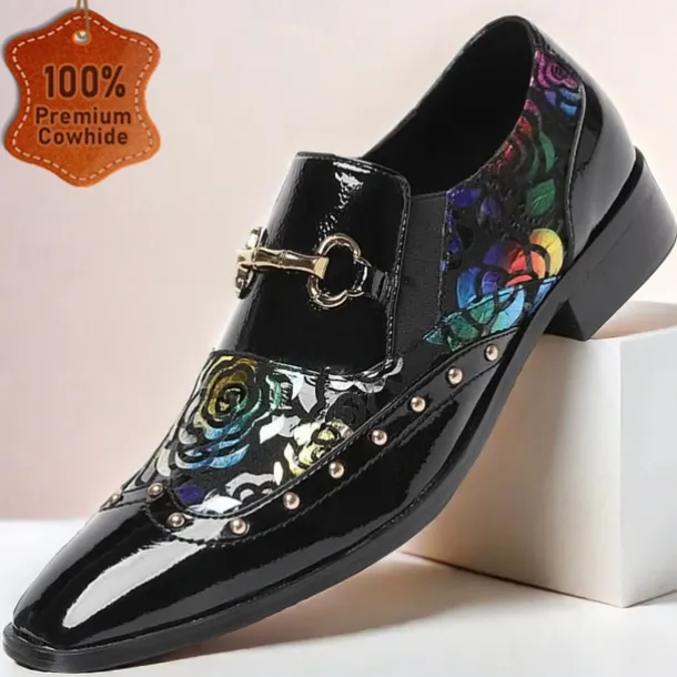 Men's Black Patent Leather Loafers with Gold Tip Floral and Metal Buckle–Premium Cowhide Formal Shoes for Weddings, Parties, and Special Occasions
