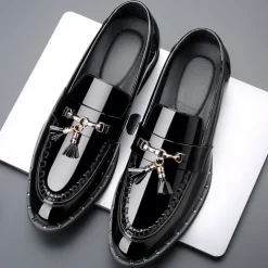 Men's Black Patent Leather Loafers with Tassel Details - Stylish Formal Dress Shoes for Office and Events
