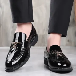 Men's Black Patent Leather Loafers with Tassel Details - Stylish Formal Dress Shoes for Office and Events