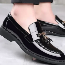 Men's Black Patent Leather Loafers with Tassel Details - Stylish Formal Dress Shoes for Office and Events