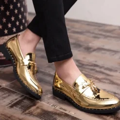 Men's Black Patent Leather Loafers with Tassel Details - Stylish Formal Dress Shoes for Office and Events