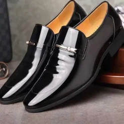 Men's Black Patent Leather Loafers with Metal Decoration for Formal and Casual Wear