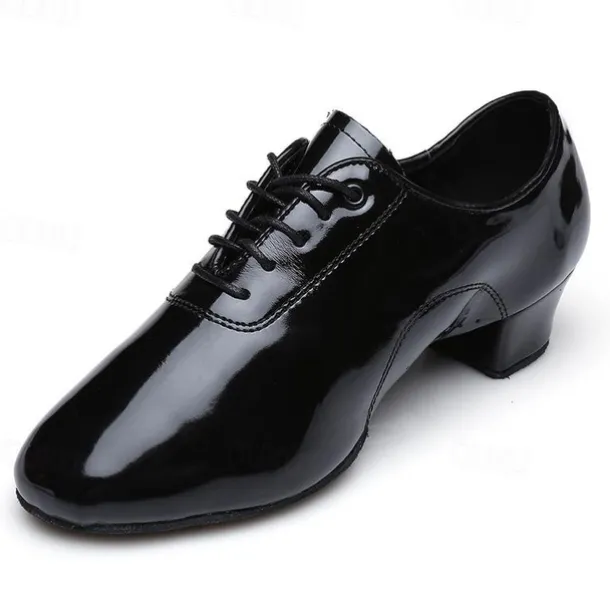 Men's Black Patent Leather Dance Shoes with Lace-Up Design – Comfortable Ballroom & Social Dance Shoes with Low Heel and Soft Suede Sole