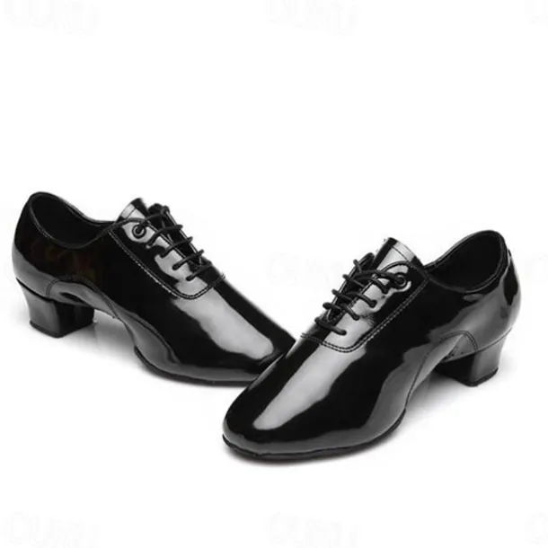 Men's Black Patent Leather Dance Shoes with Lace-Up Design – Comfortable Ballroom & Social Dance Shoes with Low Heel and Soft Suede Sole