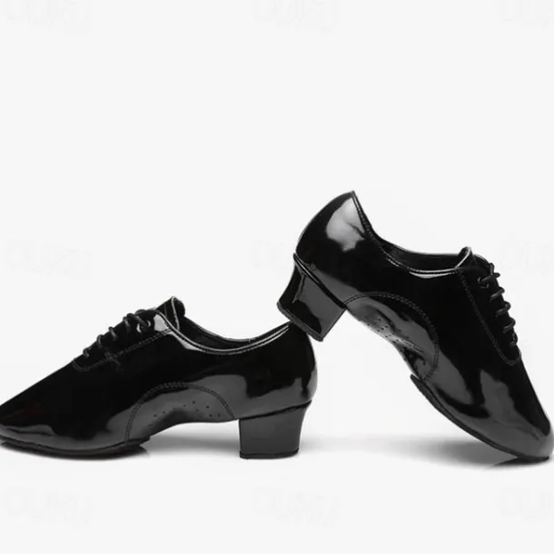 Men's Black Patent Leather Dance Shoes with Lace-Up Design – Comfortable Ballroom & Social Dance Shoes with Low Heel and Soft Suede Sole
