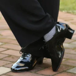 Men's Black Patent Leather Dance Shoes with Lace-Up Design – Comfortable Ballroom & Social Dance Shoes with Low Heel and Soft Suede Sole