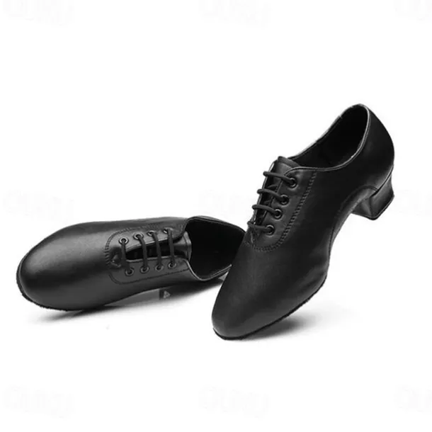 Men's Black Patent Leather Dance Shoes with Lace-Up Design – Comfortable Ballroom & Social Dance Shoes with Low Heel and Soft Suede Sole