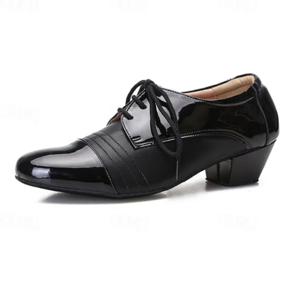 Men's Black Patent Leather Ballroom Dance Shoes – Latin Tango Performance Lace-Up Shoes with Low Heel