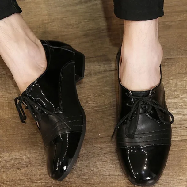 Men's Black Patent Leather Ballroom Dance Shoes – Latin Tango Performance Lace-Up Shoes with Low Heel