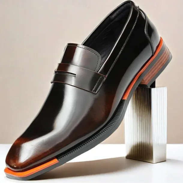 Men's Black Premium Cowhide Slip-On Loafers with Contrast Orange Accent, Formal Style for Business and Special Events
