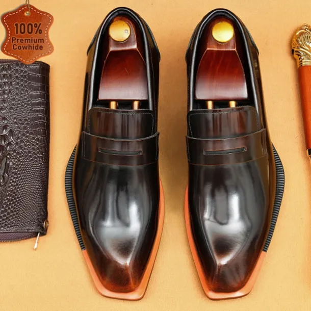 Men's Black Premium Cowhide Slip-On Loafers with Contrast Orange Accent, Formal Style for Business and Special Events