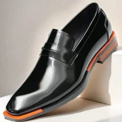 Men's Black Premium Cowhide Slip-On Loafers with Contrast Orange Accent, Formal Style for Business and Special Events