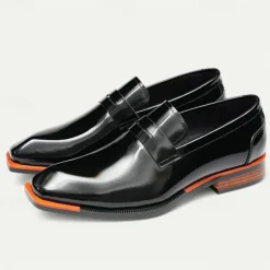Men's Black Premium Cowhide Slip-On Loafers with Contrast Orange Accent, Formal Style for Business and Special Events