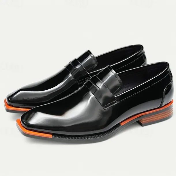 Men's Black Premium Cowhide Slip-On Loafers with Contrast Orange Accent, Formal Style for Business and Special Events