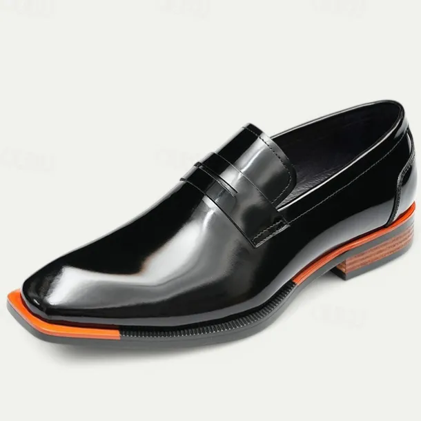 Men's Black Premium Cowhide Slip-On Loafers with Contrast Orange Accent, Formal Style for Business and Special Events