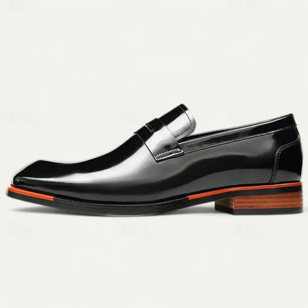 Men's Black Premium Cowhide Slip-On Loafers with Contrast Orange Accent, Formal Style for Business and Special Events