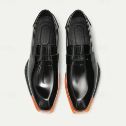 Men's Black Premium Cowhide Slip-On Loafers with Contrast Orange Accent, Formal Style for Business and Special Events