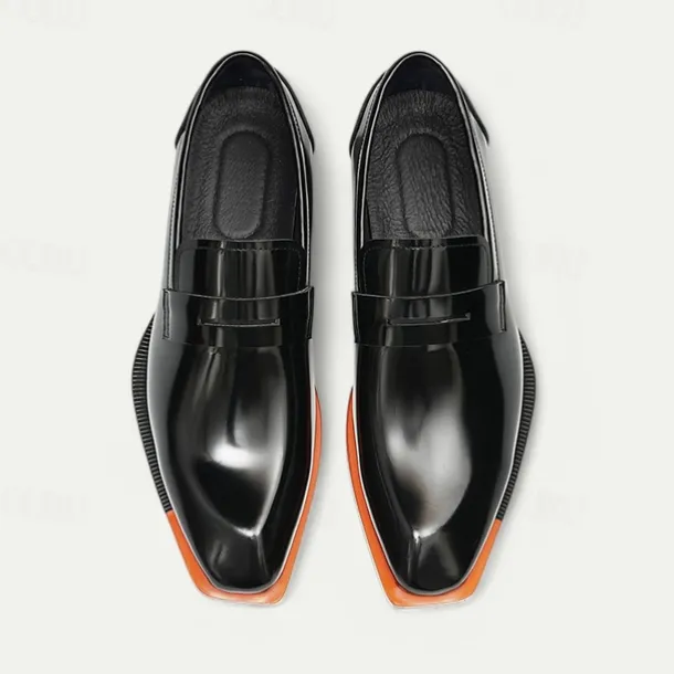 Men's Black Premium Cowhide Slip-On Loafers with Contrast Orange Accent, Formal Style for Business and Special Events