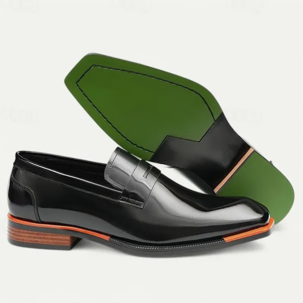 Men's Black Premium Cowhide Slip-On Loafers with Contrast Orange Accent, Formal Style for Business and Special Events