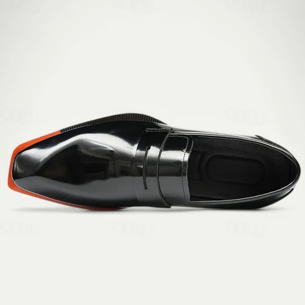 Men's Black Premium Cowhide Slip-On Loafers with Contrast Orange Accent, Formal Style for Business and Special Events