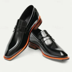 Men's Black Premium Cowhide Slip-On Loafers with Contrast Orange Accent, Formal Style for Business and Special Events