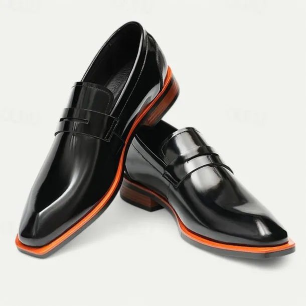 Men's Black Premium Cowhide Slip-On Loafers with Contrast Orange Accent, Formal Style for Business and Special Events