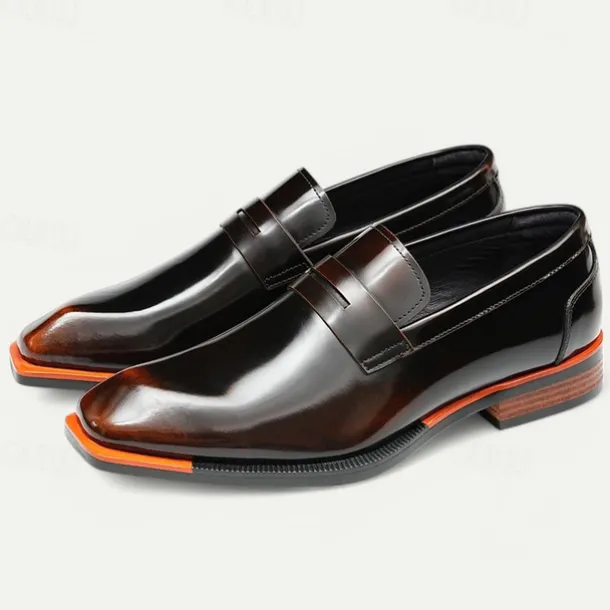 Men's Black Premium Cowhide Slip-On Loafers with Contrast Orange Accent, Formal Style for Business and Special Events