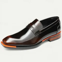 Men's Black Premium Cowhide Slip-On Loafers with Contrast Orange Accent, Formal Style for Business and Special Events