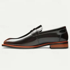 Men's Black Premium Cowhide Slip-On Loafers with Contrast Orange Accent, Formal Style for Business and Special Events