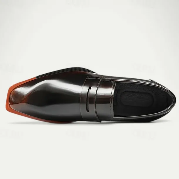 Men's Black Premium Cowhide Slip-On Loafers with Contrast Orange Accent, Formal Style for Business and Special Events