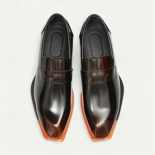 Men's Black Premium Cowhide Slip-On Loafers with Contrast Orange Accent, Formal Style for Business and Special Events