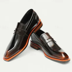 Men's Black Premium Cowhide Slip-On Loafers with Contrast Orange Accent, Formal Style for Business and Special Events