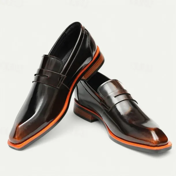 Men's Black Premium Cowhide Slip-On Loafers with Contrast Orange Accent, Formal Style for Business and Special Events