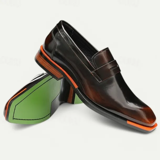 Men's Black Premium Cowhide Slip-On Loafers with Contrast Orange Accent, Formal Style for Business and Special Events