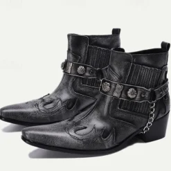 Men's Black Premium Cowhide Leather Motorcycle Boots with Western Style, Metal Studded Strap, and Chain Accent – Perfect for Biker and Cowboy-Inspired Fashion