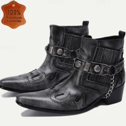Men's Black Premium Cowhide Leather Motorcycle Boots with Western Style, Metal Studded Strap, and Chain Accent – Perfect for Biker and Cowboy-Inspired Fashion
