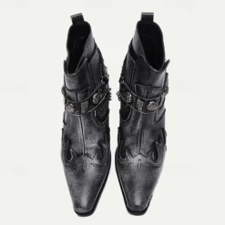 Men's Black Premium Cowhide Leather Motorcycle Boots with Western Style, Metal Studded Strap, and Chain Accent – Perfect for Biker and Cowboy-Inspired Fashion