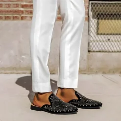 Men's Black Studded Slip-On Loafers – Rhinestone Embellished Mules with Bold Design for Party and Evening Wear