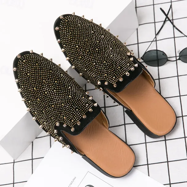 Men's Black Studded Slip-On Loafers – Rhinestone Embellished Mules with Bold Design for Party and Evening Wear